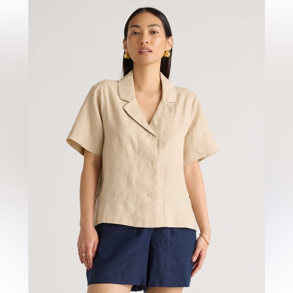 Quince Women's Driftwood Tan 100% European Linen Short Sleeve Shirt S Button Up